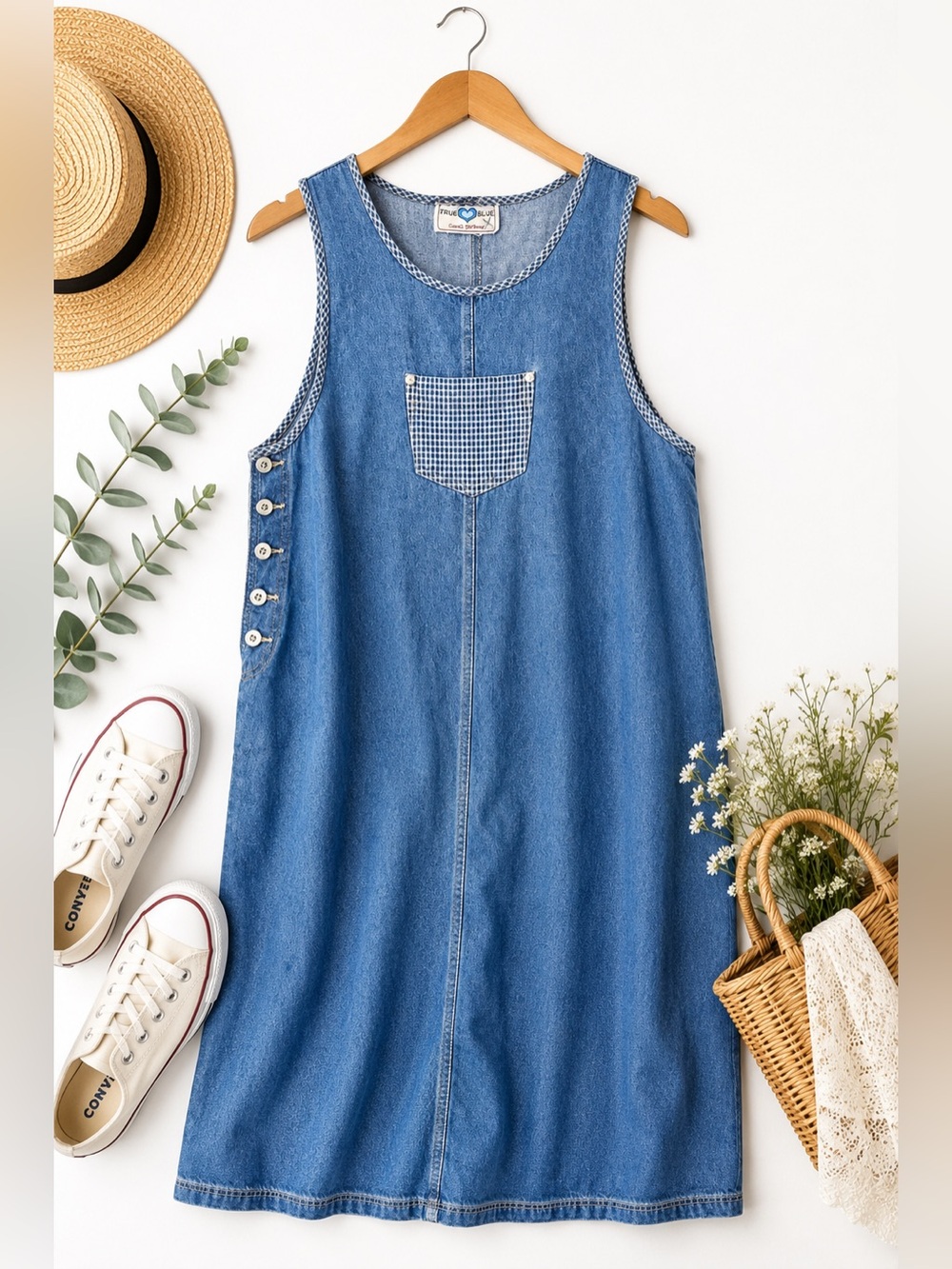 True Blue Denim Jumper Dress Cottagecore Prairie Farmhouse Midi Pinafore L F95